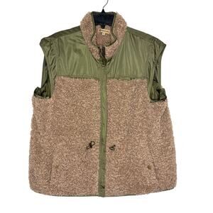 Democracy Mixed Media Full Zip Vest Women's Sz XL Olive Green Beige Sherpa